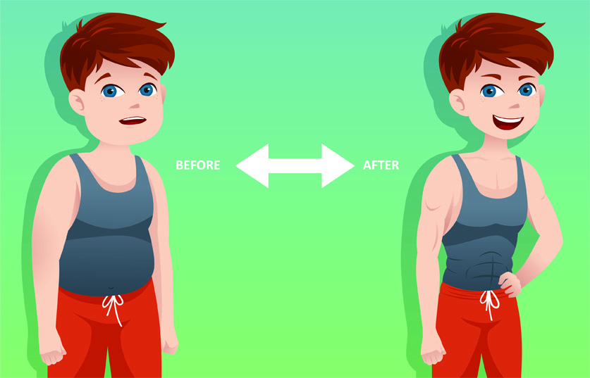 A vector  illustration of weight loss concept of a man before and after diet
